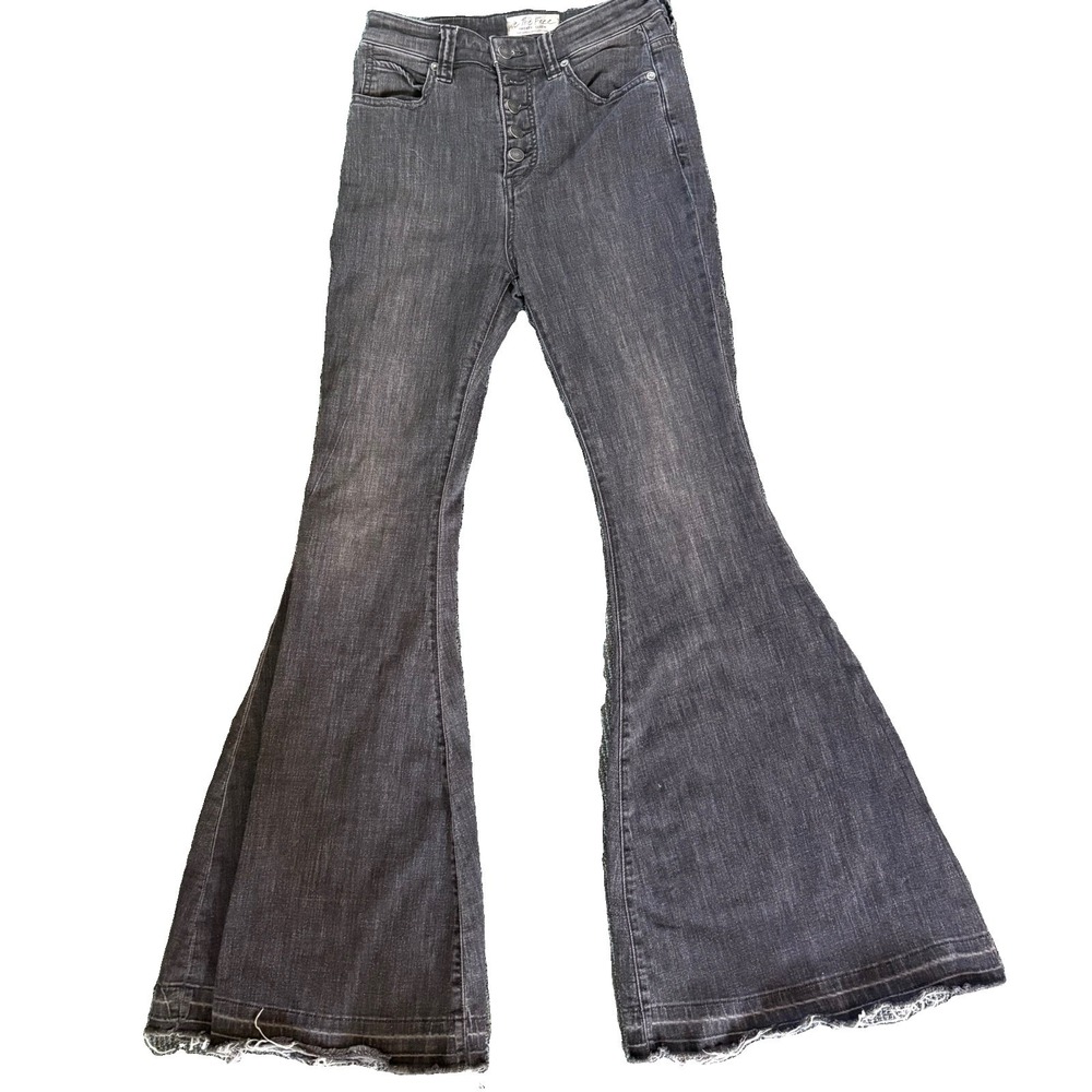 We The Free Free People High Rise Corset Flare Jeans Washed Black 27 Bell Bottom